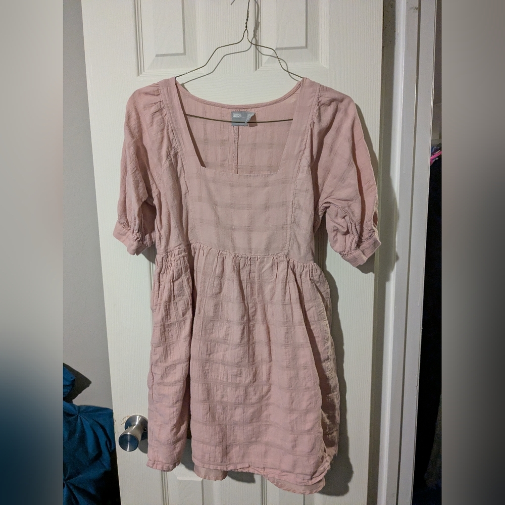 #89 ASOS Blush Pink Textured Mini Dress Size 6 Puff Sleeve Square Neck